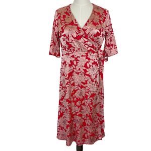 Hobbs Justina Faux-Wrap Floral Print Dress in Red Burnout Peony jacquard US 10